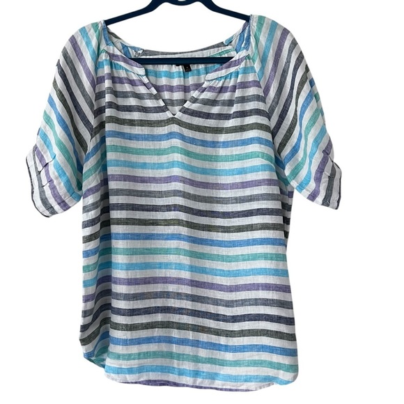 Talbots 100% Linen Popover Top Rockwell Stripe White Blue Green size M - Picture 4 of 15